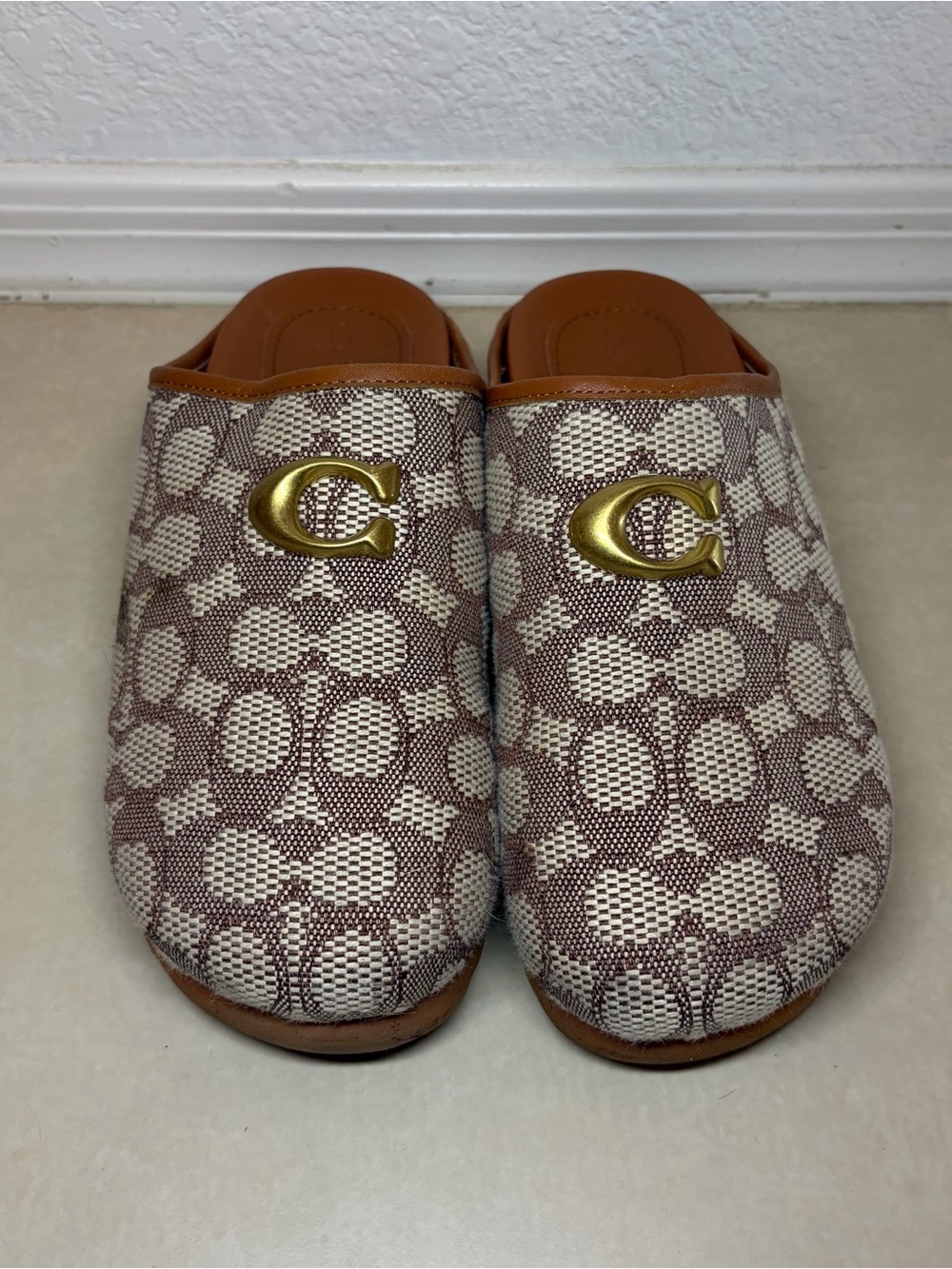 Coach Beige and Brown Signature Canvas Slip-On Mules with Gold Logo - Picture 1 of 2